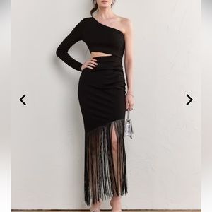 One Shoulder Cutout Fringe Trim Dress